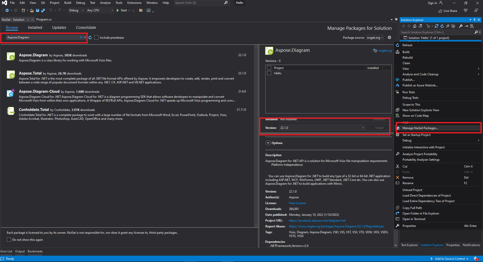 Install Aspose Diagram through NuGet
